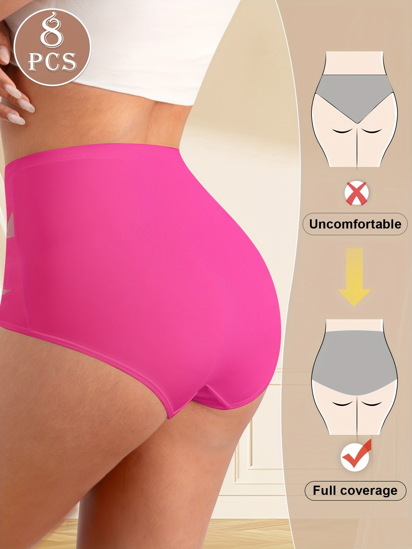 8-Pack High-Waist Women'S Briefs - Breathable Mesh Ice Sliky Fiber Fabric, Seamless Cross-Over Design, Elegant Solid Color Underwear for Casual & Formal Wear, Comfortable Daily Wear, Stylish Underwear, Smooth Texture