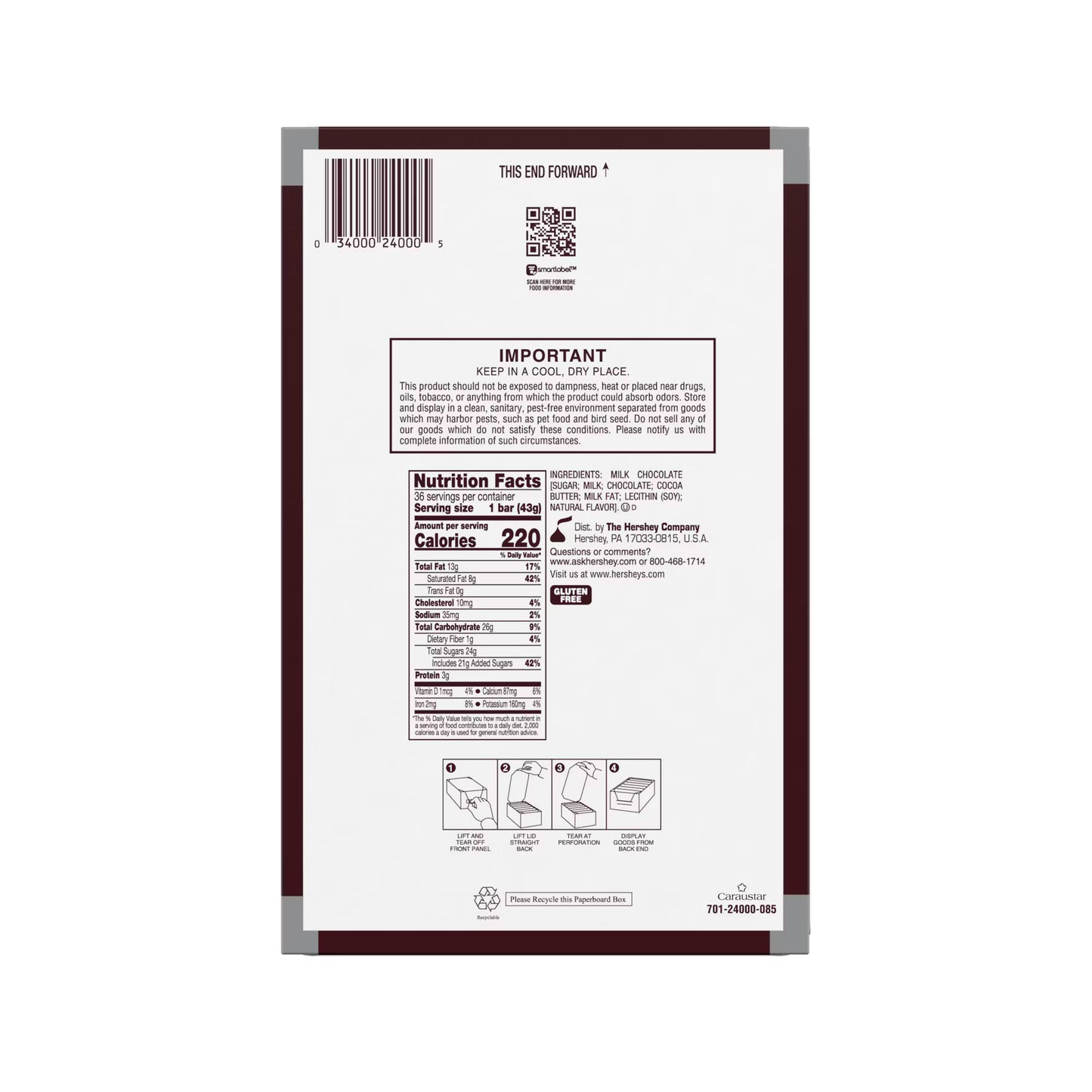 Hershey’s Milk Chocolate Bar – Full Case (36 Count, 1.55 oz each)