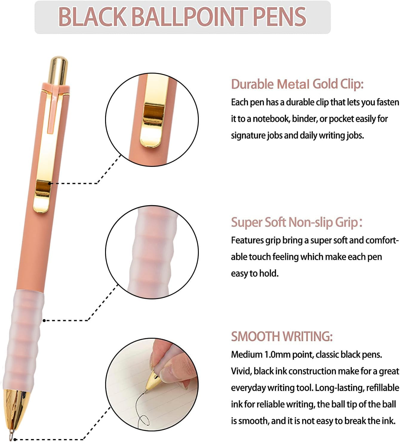 Ballpoint Pens Black Medium Point 1Mm Pen with Super Soft Grip Ball Point Pen for Men Women Retractable Pens (Gold-12 Pcs)