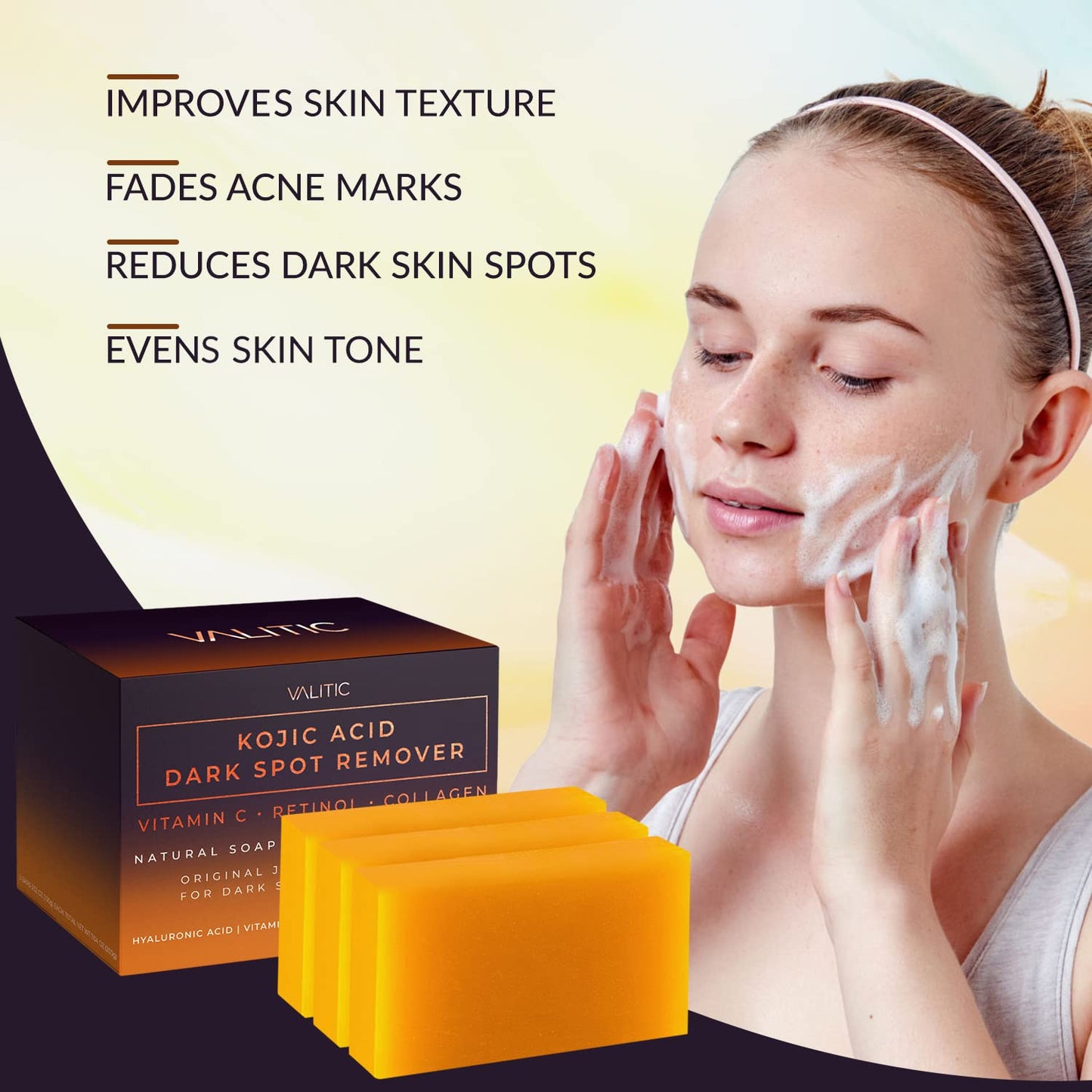 Kojic Acid Dark Spot Remover Soap Bars with Vitamin C, Retinol, Collagen, Turmeric - Original Japanese Complex Infused with Hyaluronic Acid, Vitamin E, Shea Butter, Castile Olive Oil (3 Pack)