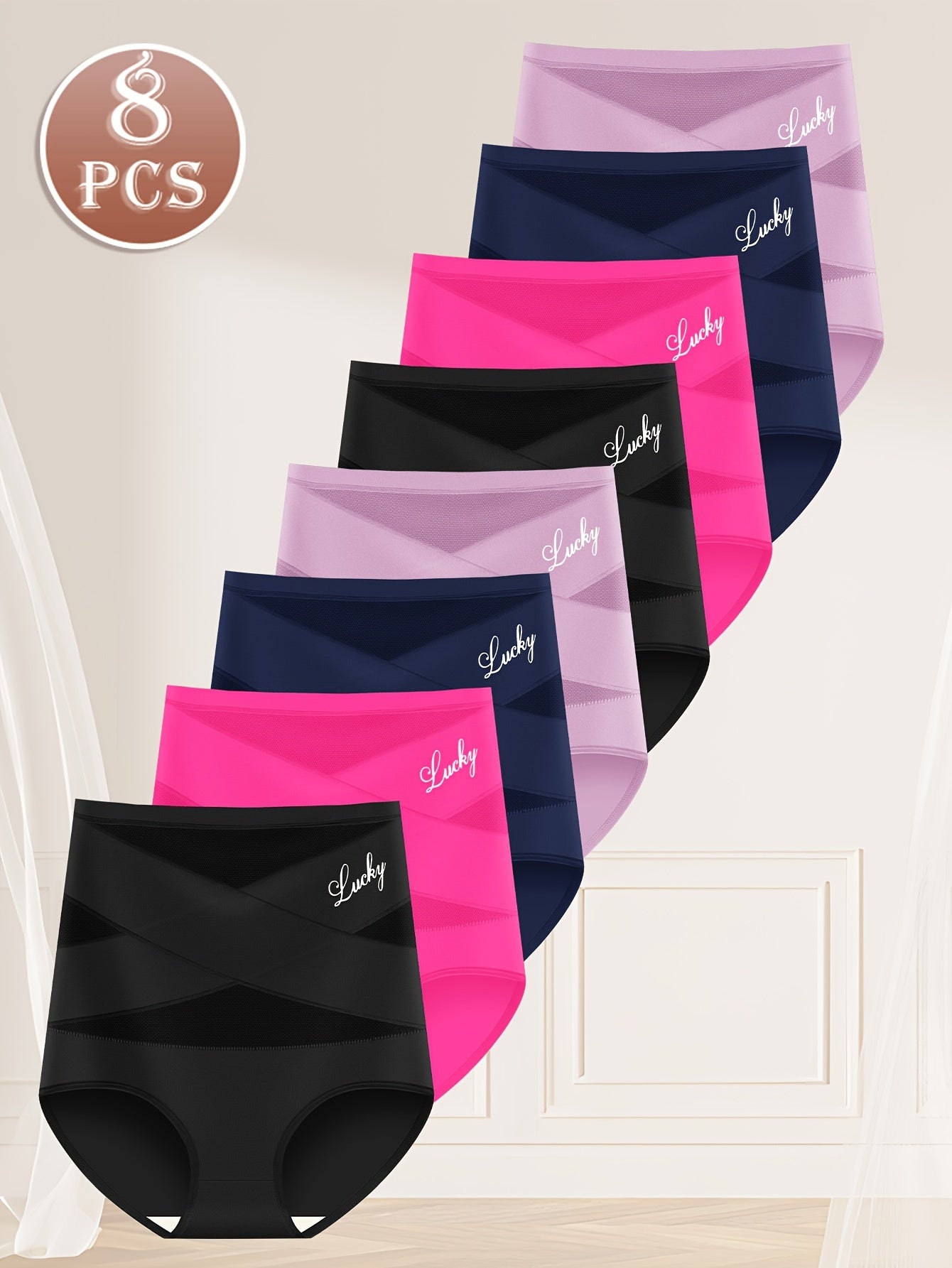 8-Pack High-Waist Women'S Briefs - Breathable Mesh Ice Sliky Fiber Fabric, Seamless Cross-Over Design, Elegant Solid Color Underwear for Casual & Formal Wear, Comfortable Daily Wear, Stylish Underwear, Smooth Texture