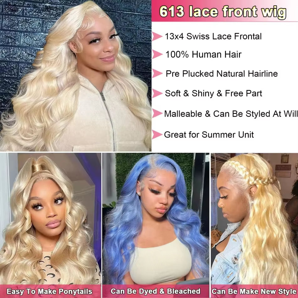 613 Hd Lace Frontal Wig 13X6 Body Wave Human Hair Wigs Brazilian 220 Density Pre Plucked Blonde Transparent Lace Front Wig 30 In