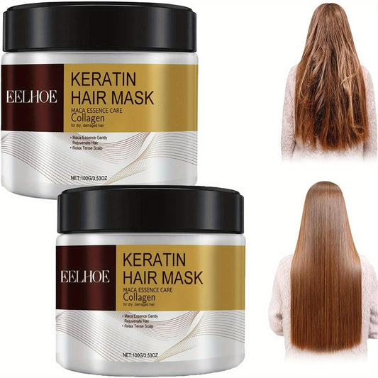 2-Pack Hydrating Keratin Hair Mask with Maca Essence & Collagen - Infused with Argan Oil, Coconut Oil & Hydrolyzed Keratin for Silky Smooth Hair, Enhances Vitality & Luster, Ideal for Normal Hair Types & All Styles
