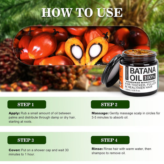 Organic Batana Oil for Hair Growth, 100% Pure Batana from Honduras, Hair Treatment Oil for Thick and Strong Hair, 4 Fl Oz