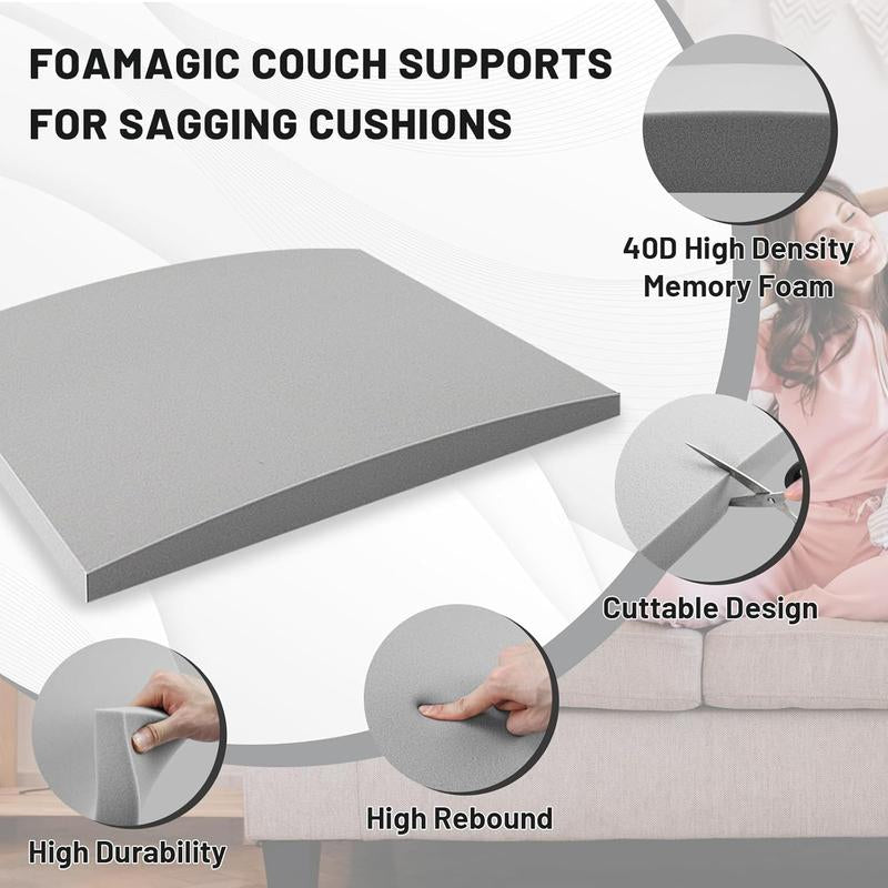 Foamagic 40D High Density Memory Sponge Sofa Cushion Support - 20X20X2 Inch Gray Lifters for Sagging Couches, All Seasons, 1/2/3 Pack