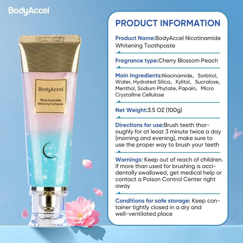 Bodyaccel Whitening Toothpaste -Niacinamide Peach Mint Flavor | Vegan, Fluoride-Free, Antiplaque & Fresh Breath | Oral Hygiene Essentials-Max