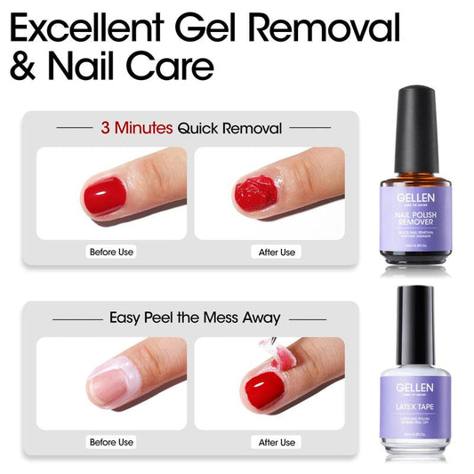 Gellen Pro Gel Polish Remover Kit Quick & Easy Gel Nail Polish Remover with Latex Tape Peel-Off Liquid and Manicure Tools