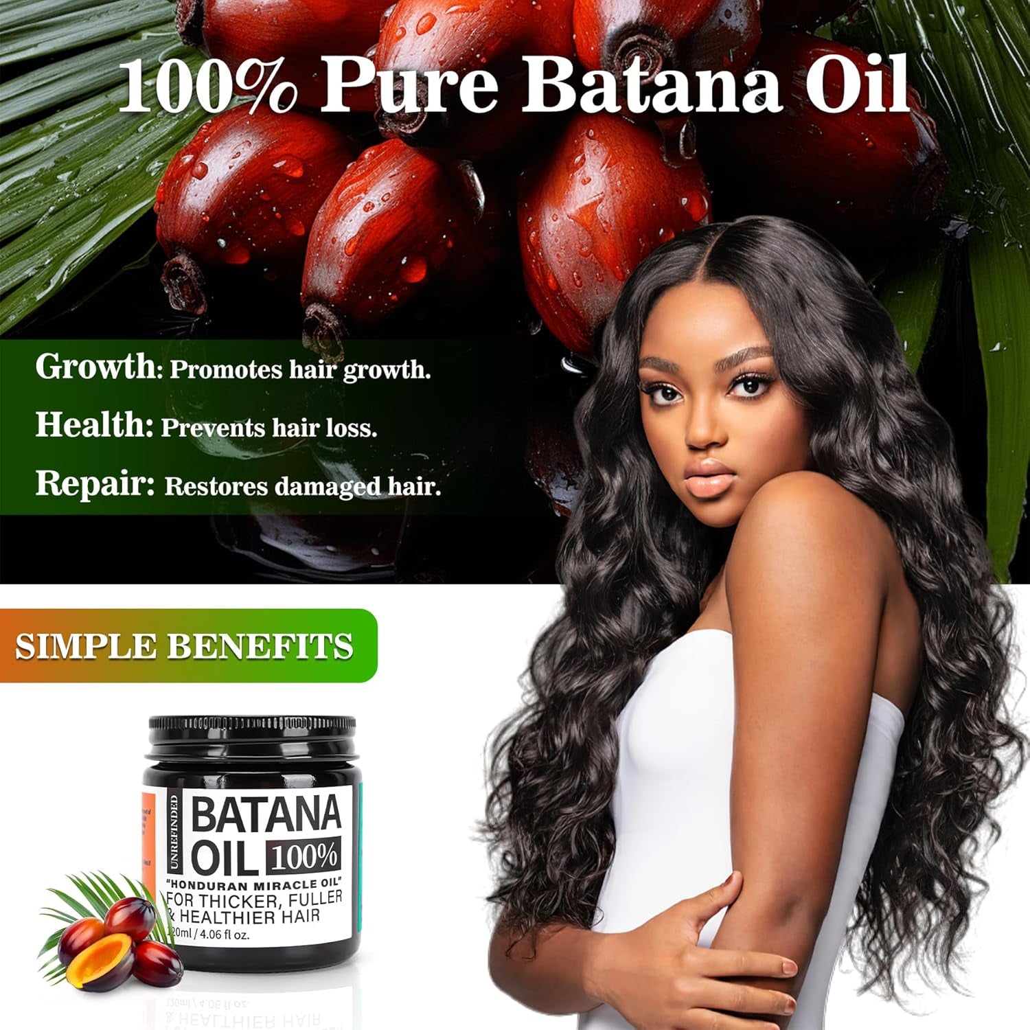 Organic Batana Oil for Hair Growth, 100% Pure Batana from Honduras, Hair Treatment Oil for Thick and Strong Hair, 4 Fl Oz