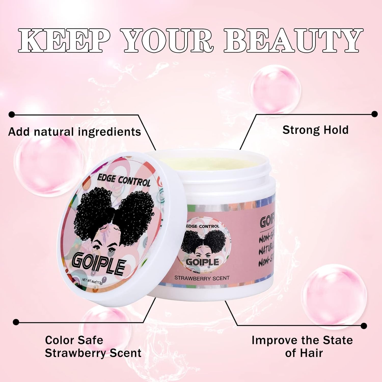 Edge Control Wax for Women Strong Hold Non-Greasy, Edge Wax Styling Gel for Black Women Hair No Flaking, White Residue, Shine and Smooth Strawberry Scent 4Oz