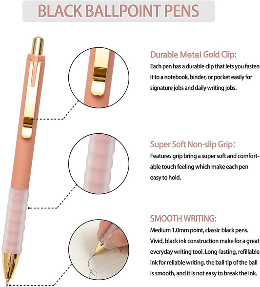 Ballpoint Pens Black Medium Point 1Mm Pen with Super Soft Grip Ball Point Pen for Men Women Retractable Pens (Gold-12 Pcs)