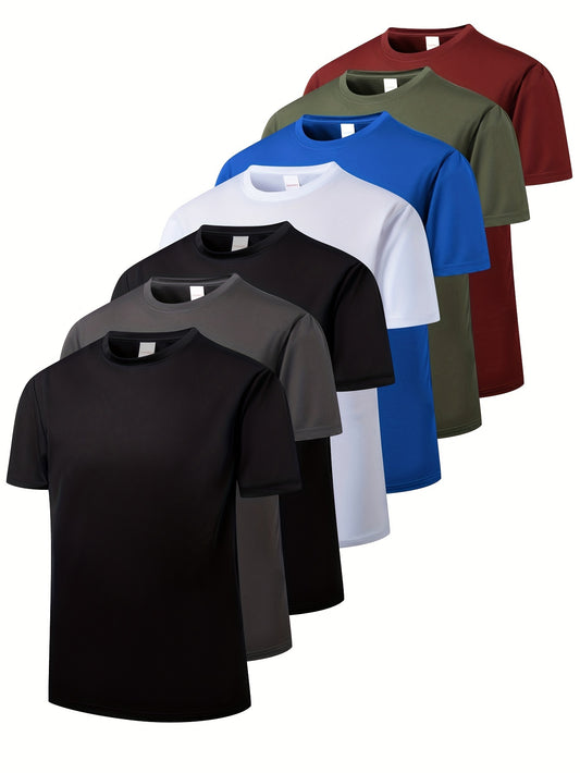 7pcs Men'S Breathable Athletic Short Sleeve T-Shirts - Moisture-Wicking Quick-Dry Workout Tops with Elastic Cuffs & Hem, Solid Color Round Neck for Gym, Running, Yoga, Beach & Outdoor Activities, Gym Apparel, Quickdry Fabric