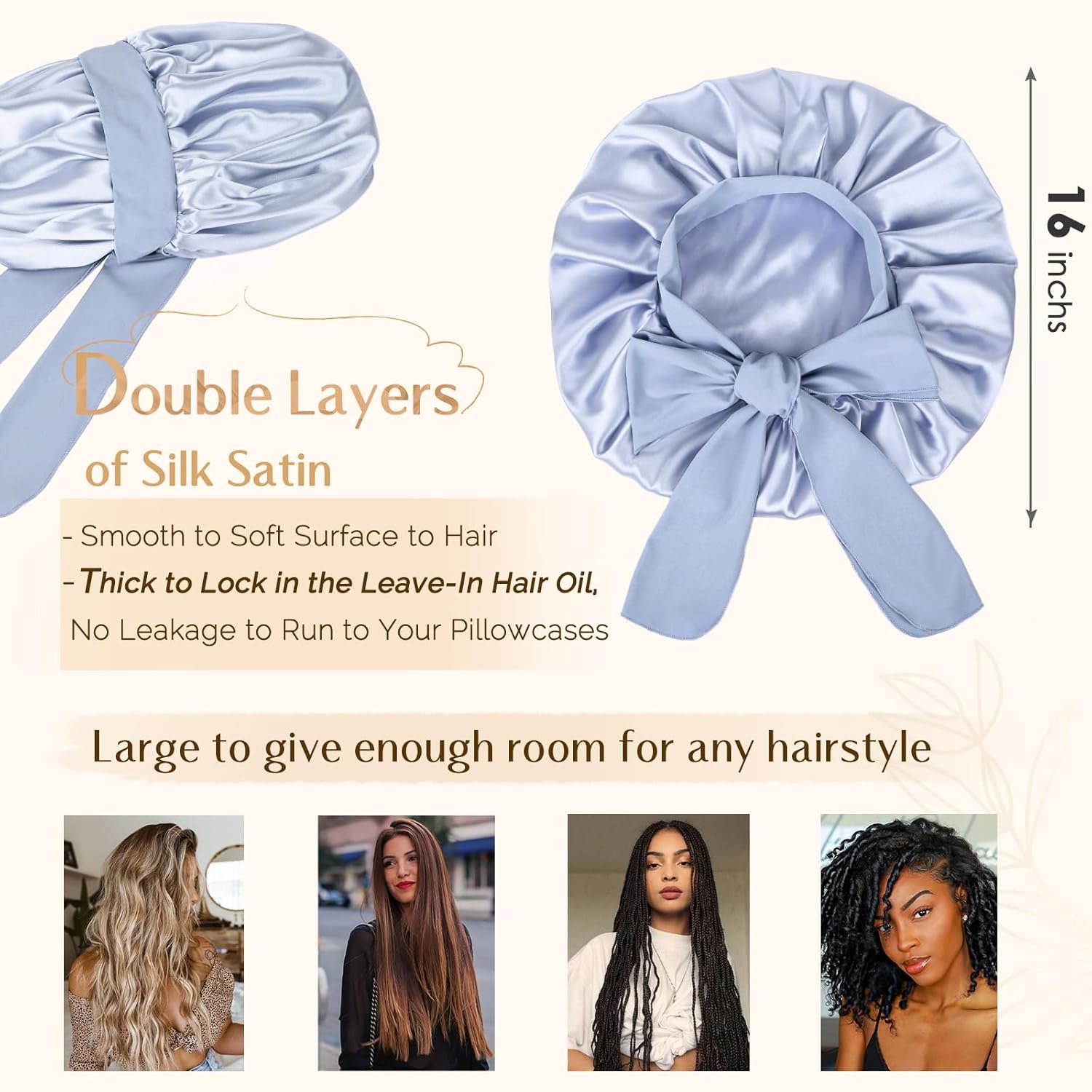Silk Bonnet for Sleeping Women Satin Bonnet Double Layer Satin Lined Hair Bonnet with Tie Band Curly Hair Blue
