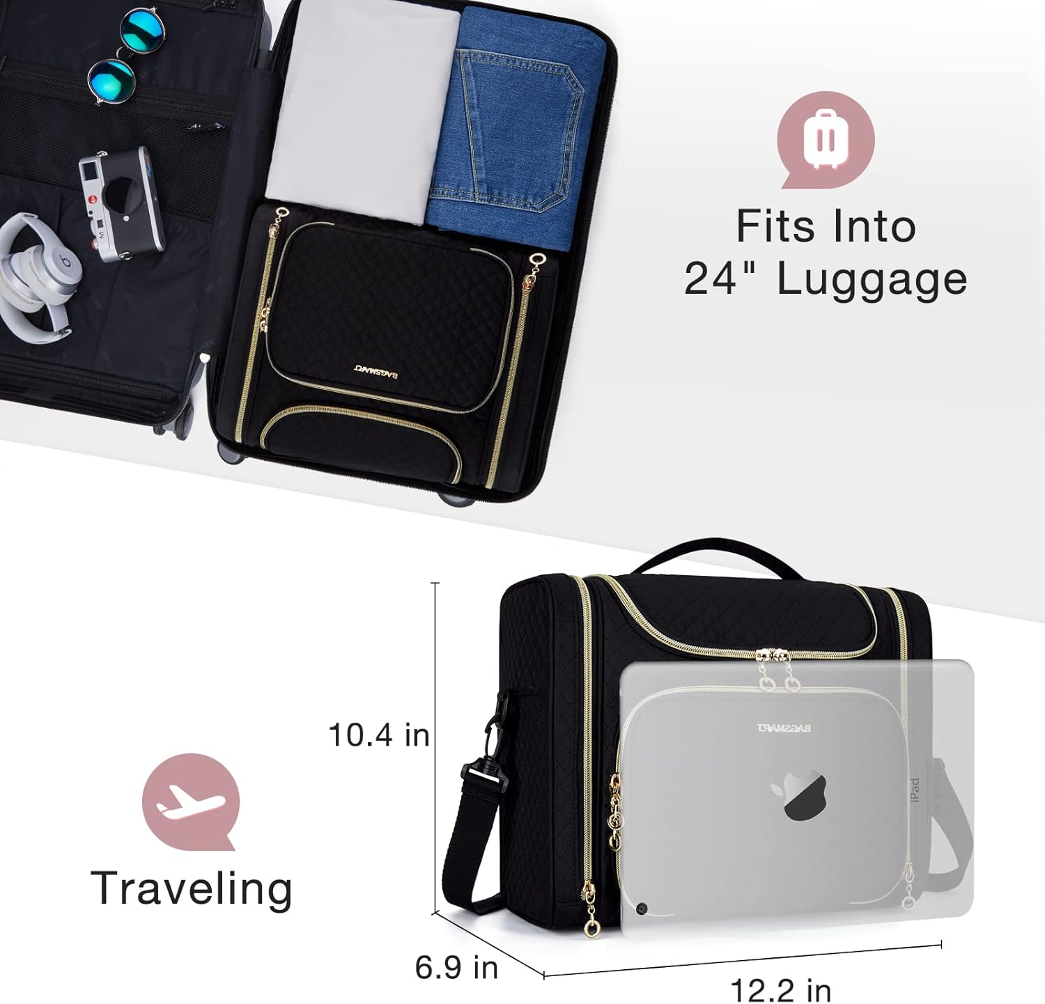 Toiletry Bag, Travel Toiletry Bag for Women, Water-Resistant Cosmetic Makeup Bag, Large Capacity Door Room Essentials Travel Organizer for Full Sized Toiletries and Cosmetics, Black