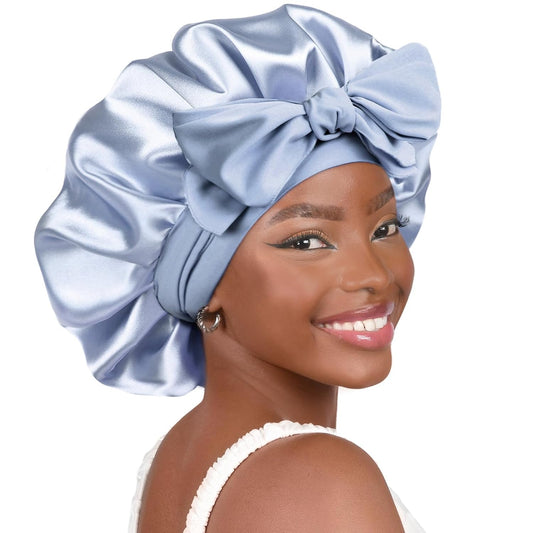 Silk Bonnet for Sleeping Women Satin Bonnet Double Layer Satin Lined Hair Bonnet with Tie Band Curly Hair Blue