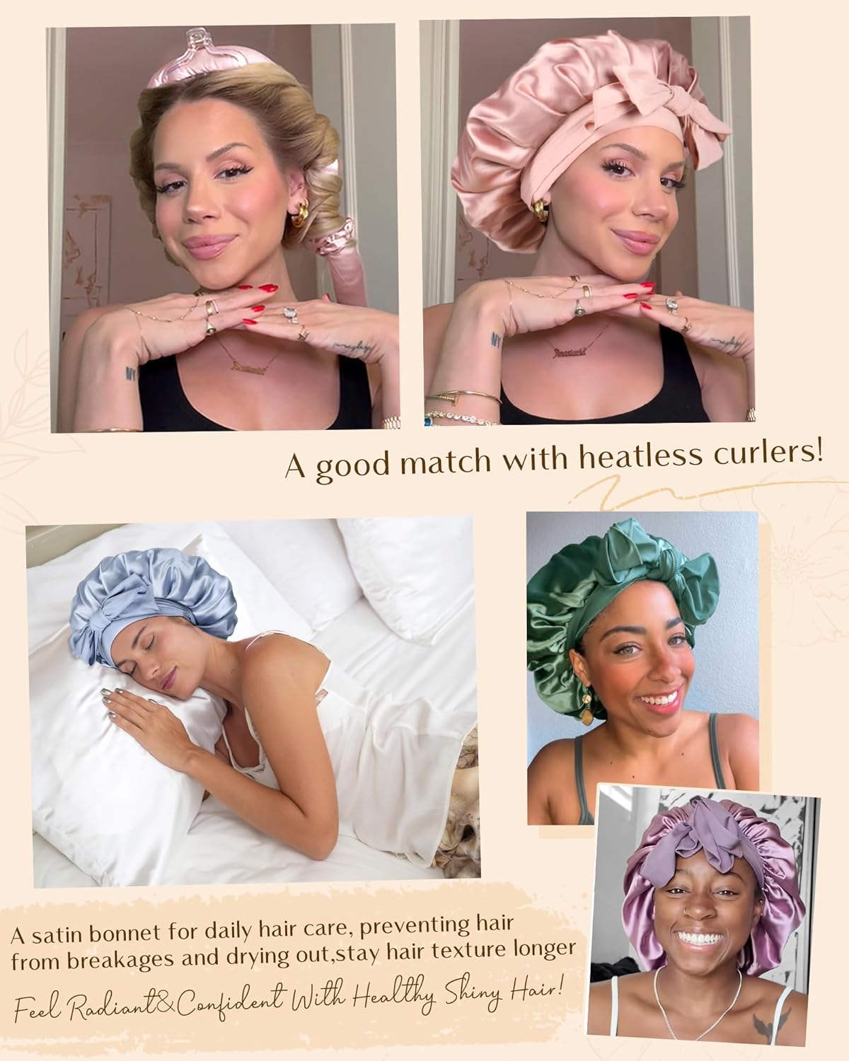 Silk Bonnet for Sleeping Women Satin Bonnet Double Layer Satin Lined Hair Bonnet with Tie Band Curly Hair Blue