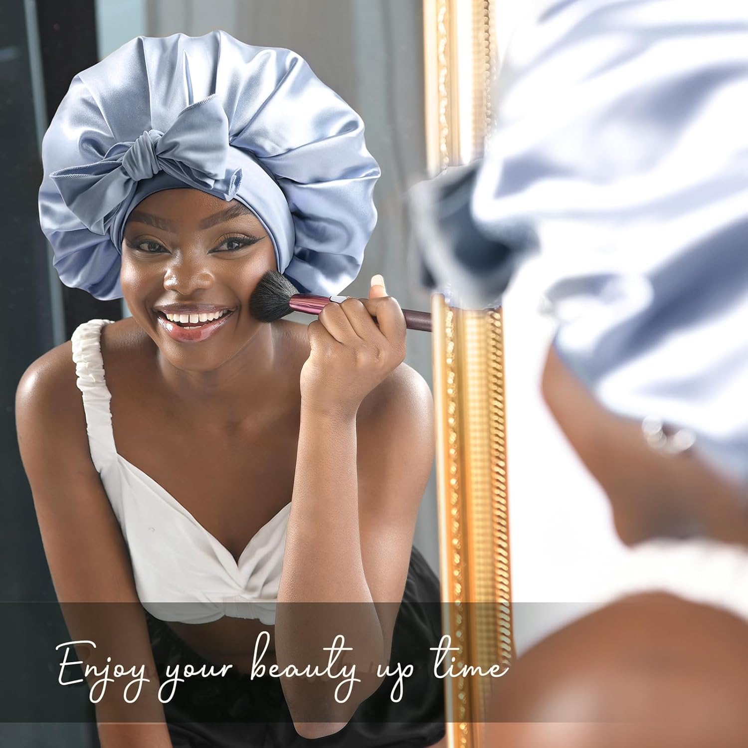Silk Bonnet for Sleeping Women Satin Bonnet Double Layer Satin Lined Hair Bonnet with Tie Band Curly Hair Blue