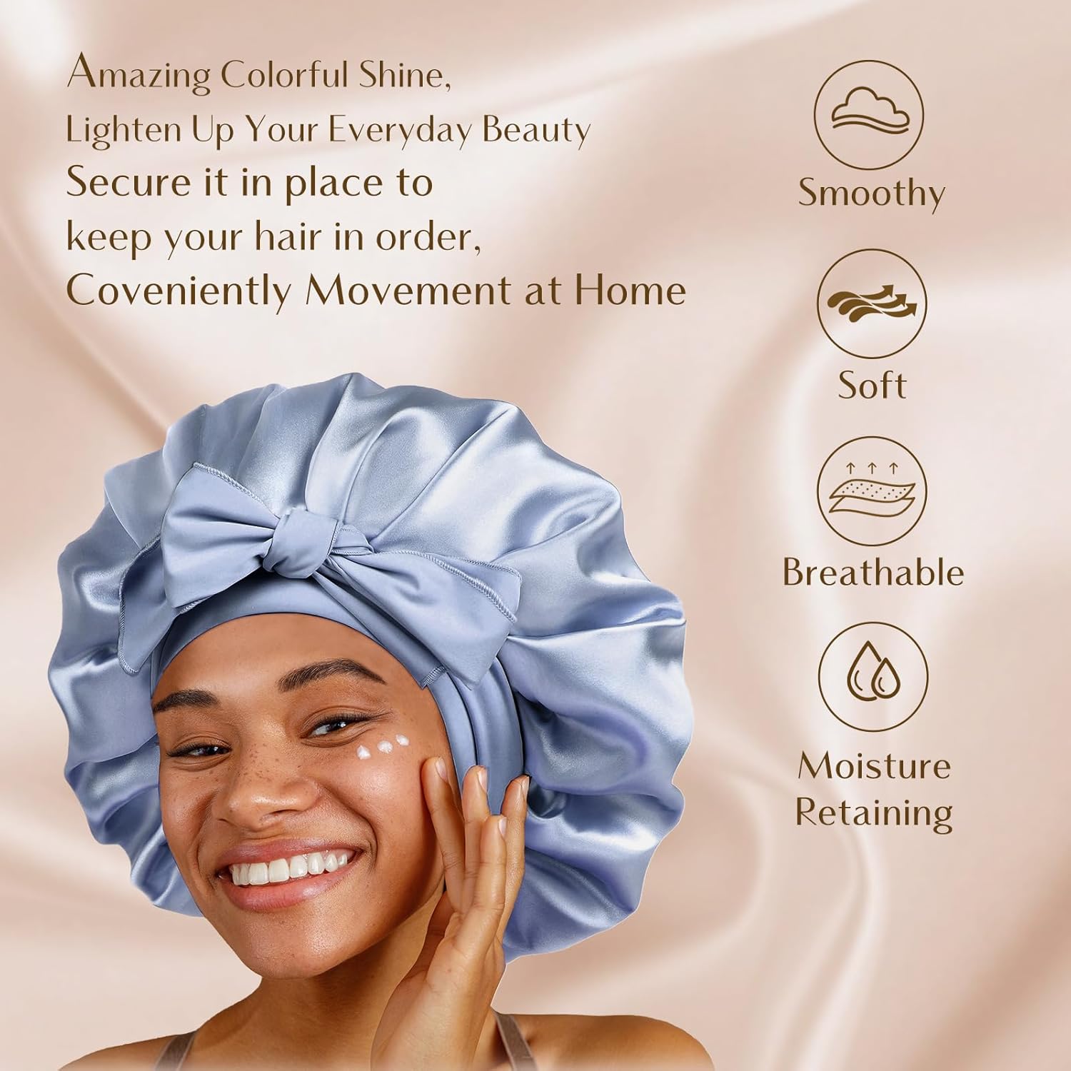 Silk Bonnet for Sleeping Women Satin Bonnet Double Layer Satin Lined Hair Bonnet with Tie Band Curly Hair Blue