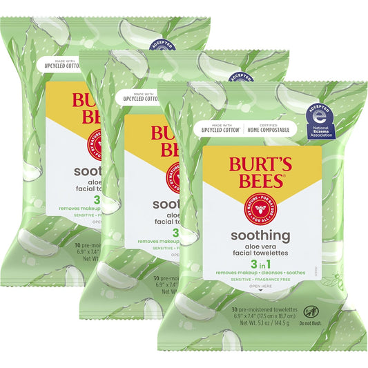 Back to School Dorm Essentials, Aloe Vera Face Wipes, for Sensitive Skin, Soothing Makeup Remover & Facial Cleansing Towelettes, 30 Ct. (3-Pack)