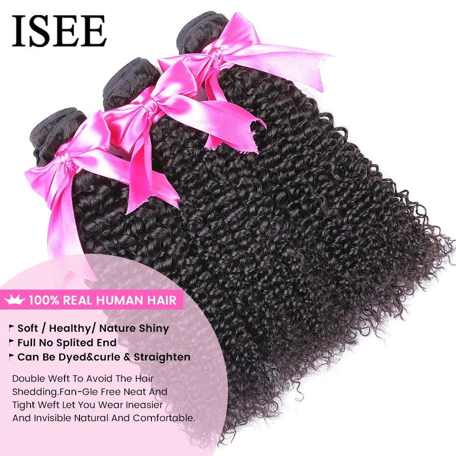 ISEE HAIR Brazilian Kinky Curly Hair Remy Human Hair Weave Bundles Natural Color Can Order 1/3/4 Bundles Curly Hair Extensions