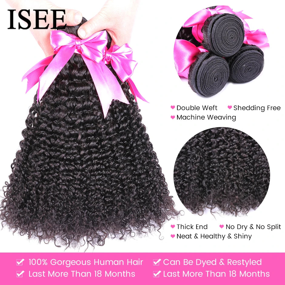 ISEE HAIR Brazilian Kinky Curly Hair Remy Human Hair Weave Bundles Natural Color Can Order 1/3/4 Bundles Curly Hair Extensions