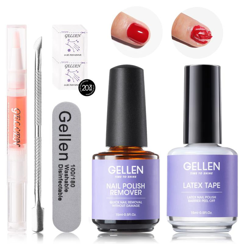 Gellen Pro Gel Polish Remover Kit Quick & Easy Gel Nail Polish Remover with Latex Tape Peel-Off Liquid and Manicure Tools