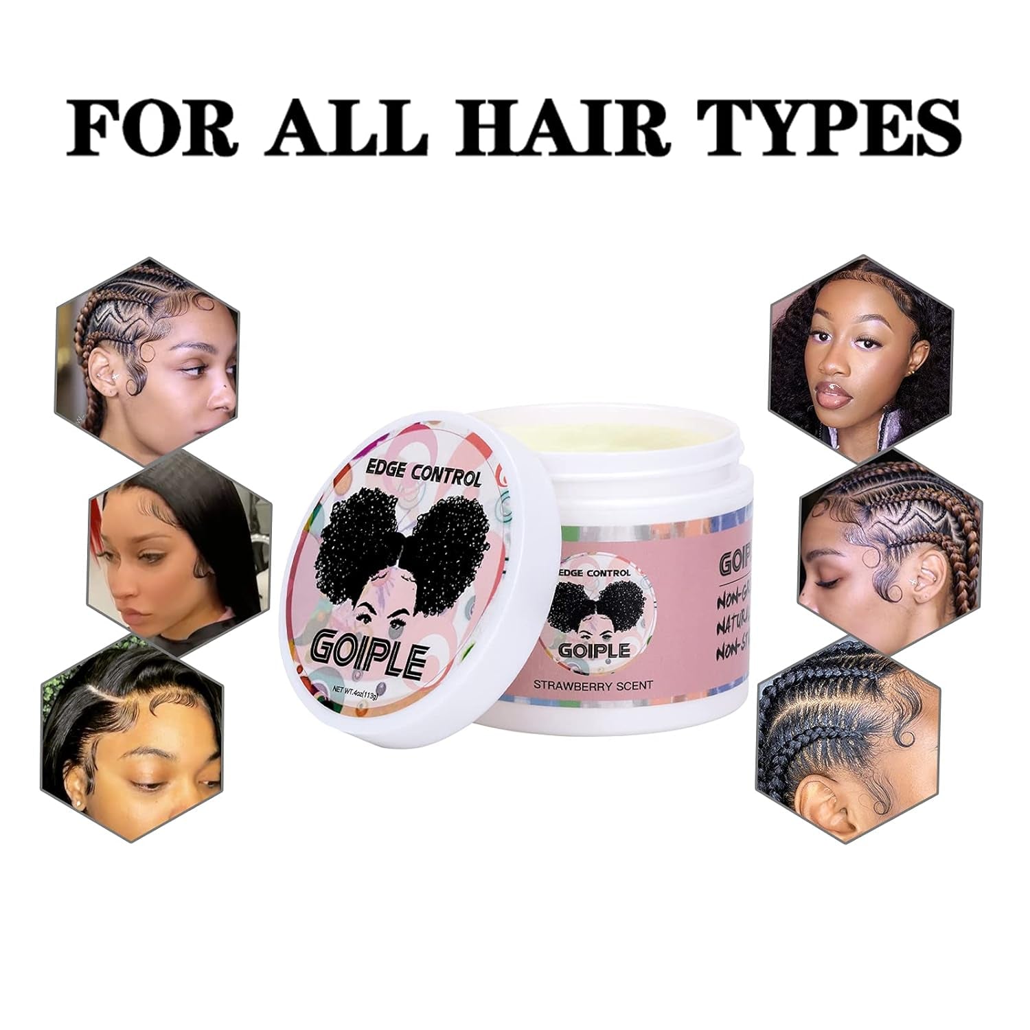 Edge Control Wax for Women Strong Hold Non-Greasy, Edge Wax Styling Gel for Black Women Hair No Flaking, White Residue, Shine and Smooth Strawberry Scent 4Oz