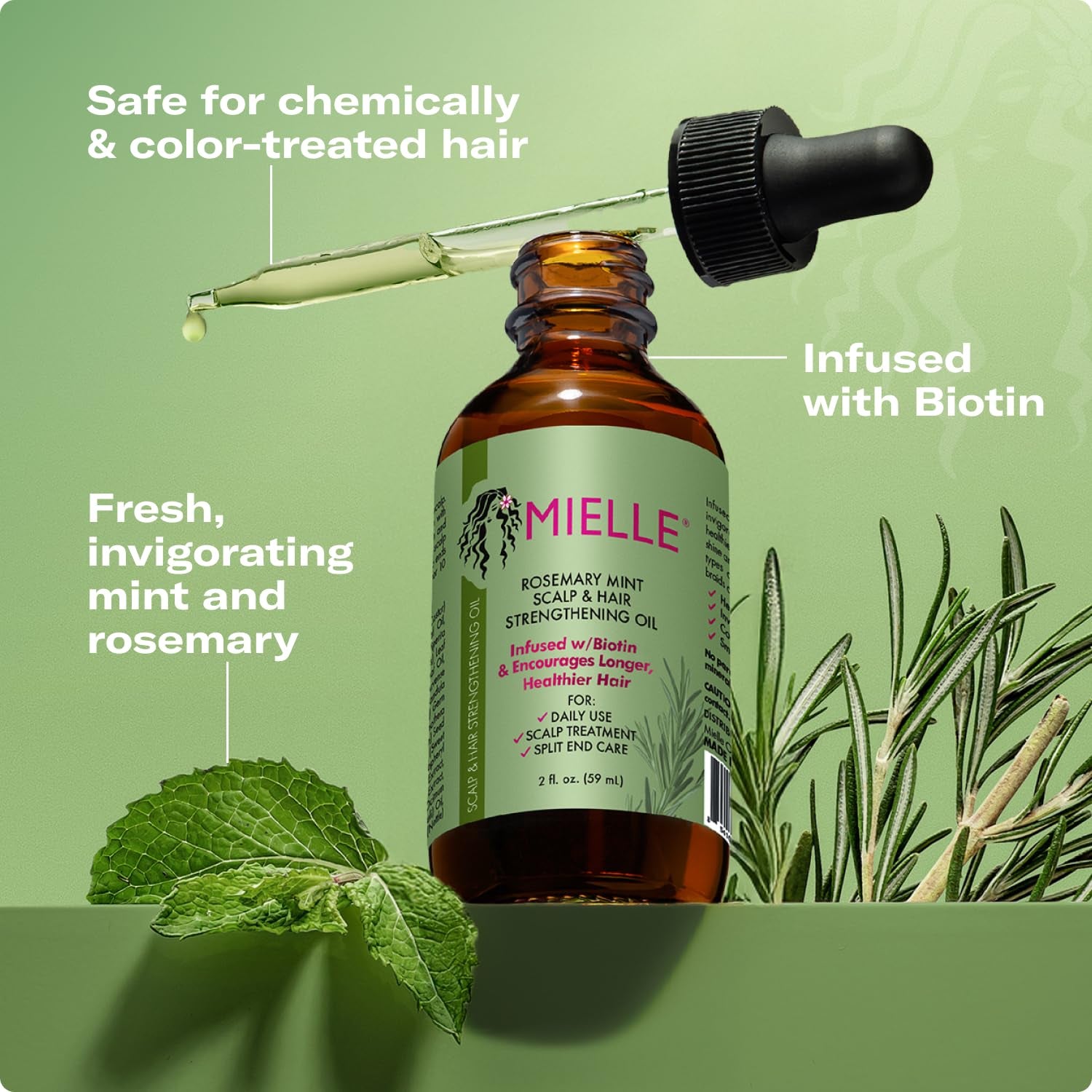 Rosemary & Mint Hair Oil, Split Ends & Dry Scalp Treatment - Made with Biotin & Essential Oils for Strengthening, Soothing, Moisturizing & Encouraging Longer, Healthier Hair (2 Fl Oz)