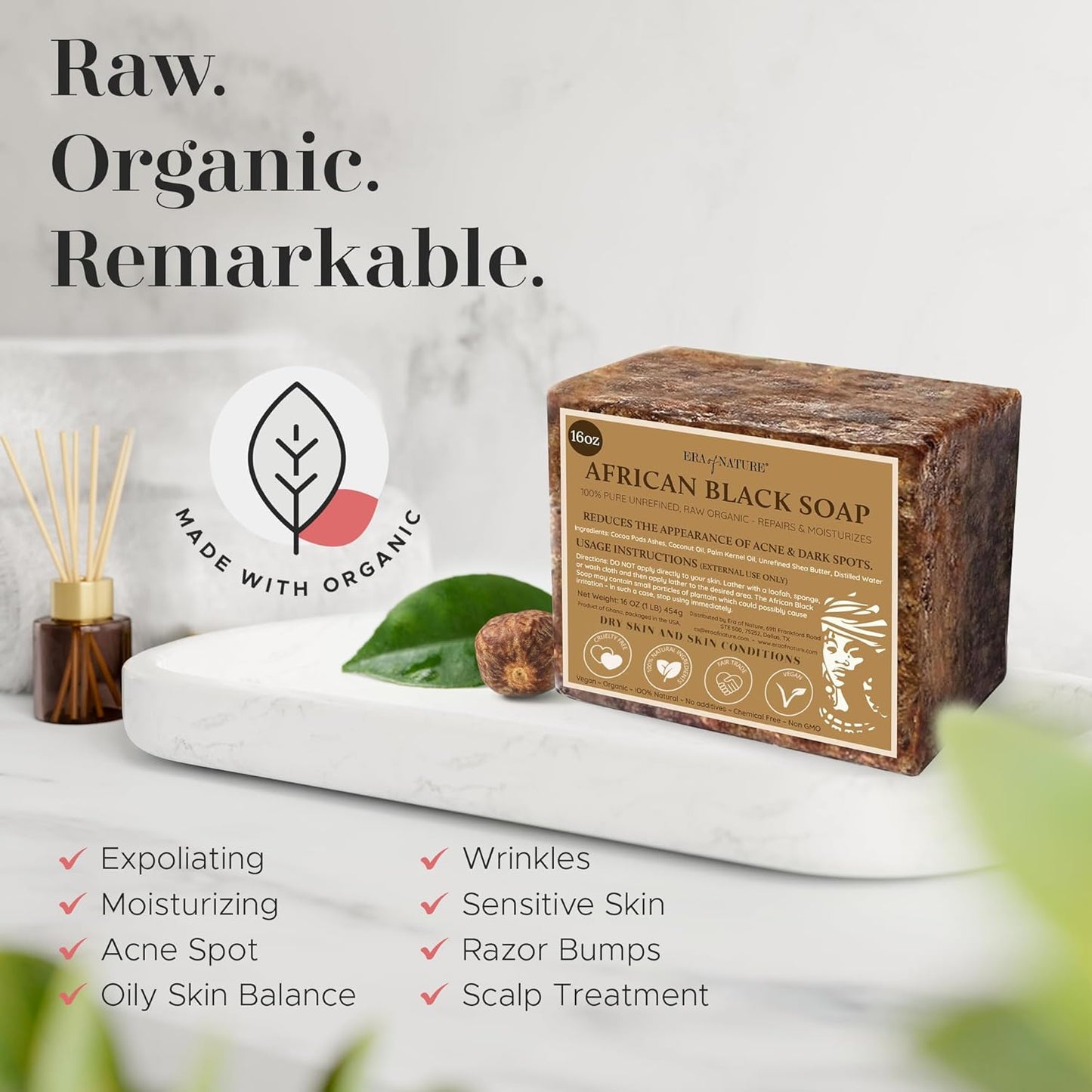 Best Raw ORGANIC AFRICAN BLACK SOAP, for Dry Skin and Skin Conditions. Pure & Natural Ingredients, Imported from Ghana - 1Lb (16Oz)