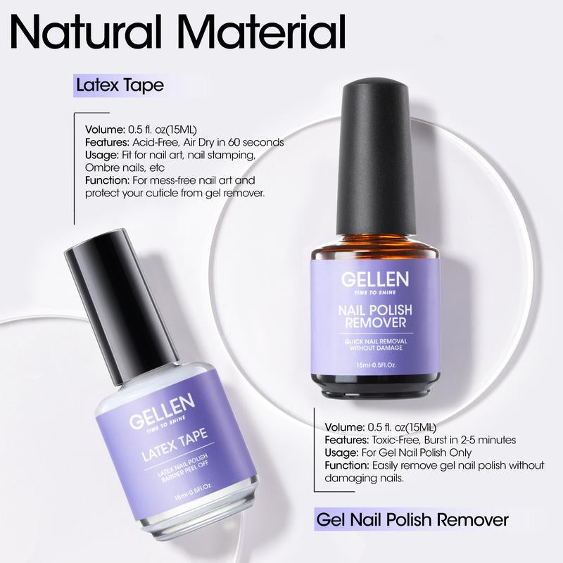 Gellen Pro Gel Polish Remover Kit Quick & Easy Gel Nail Polish Remover with Latex Tape Peel-Off Liquid and Manicure Tools