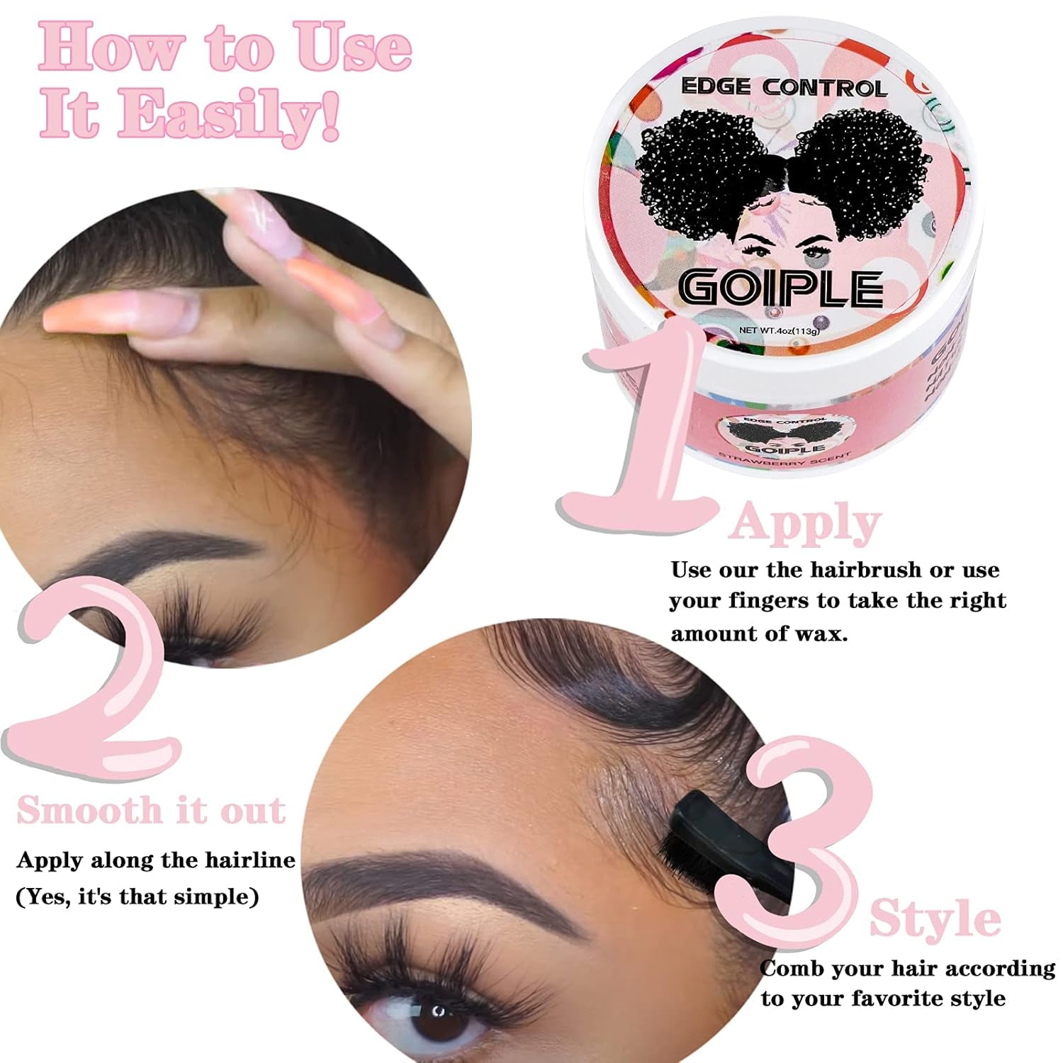 Edge Control Wax for Women Strong Hold Non-Greasy, Edge Wax Styling Gel for Black Women Hair No Flaking, White Residue, Shine and Smooth Strawberry Scent 4Oz