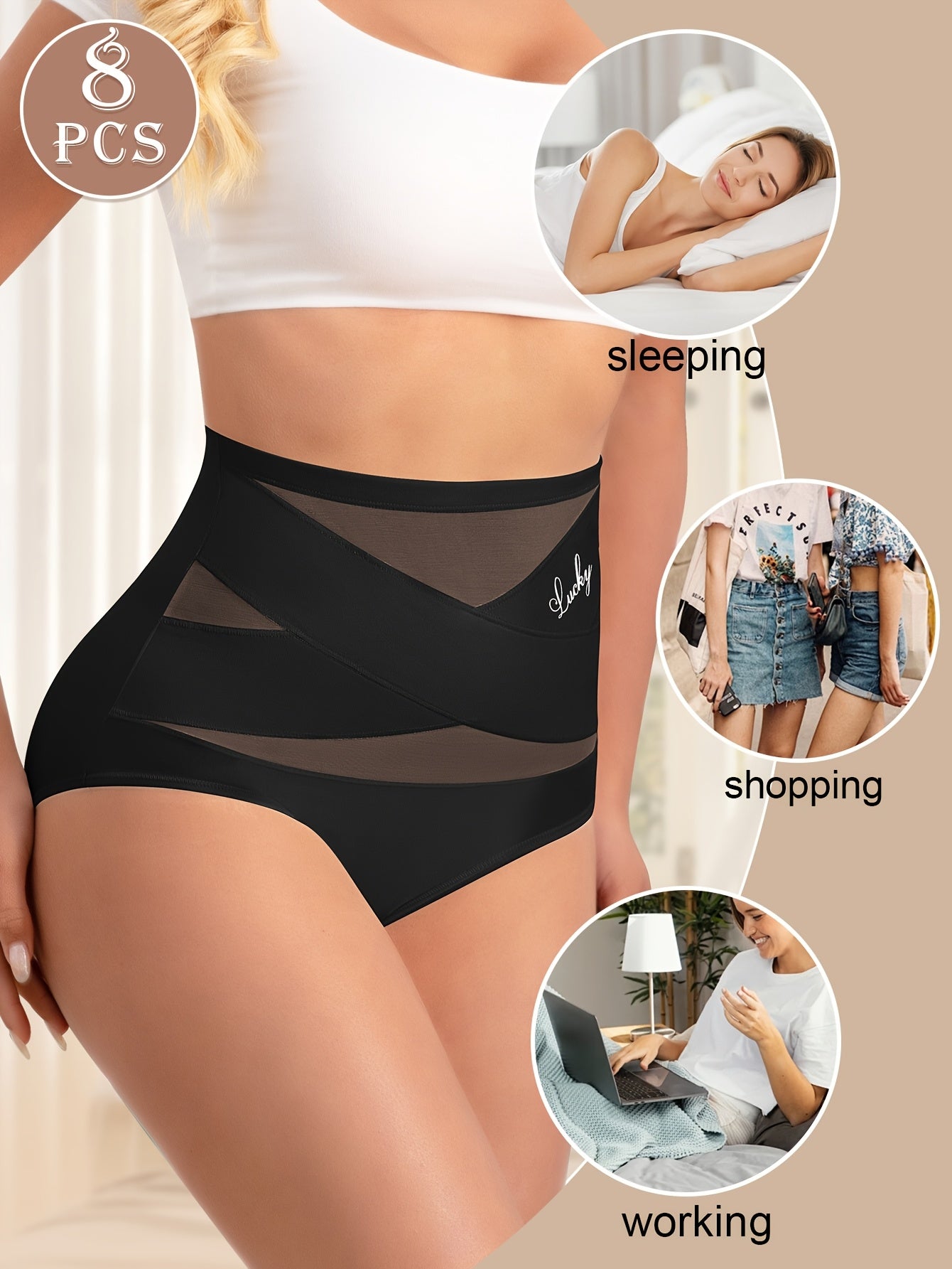 8-Pack High-Waist Women'S Briefs - Breathable Mesh Ice Sliky Fiber Fabric, Seamless Cross-Over Design, Elegant Solid Color Underwear for Casual & Formal Wear, Comfortable Daily Wear, Stylish Underwear, Smooth Texture