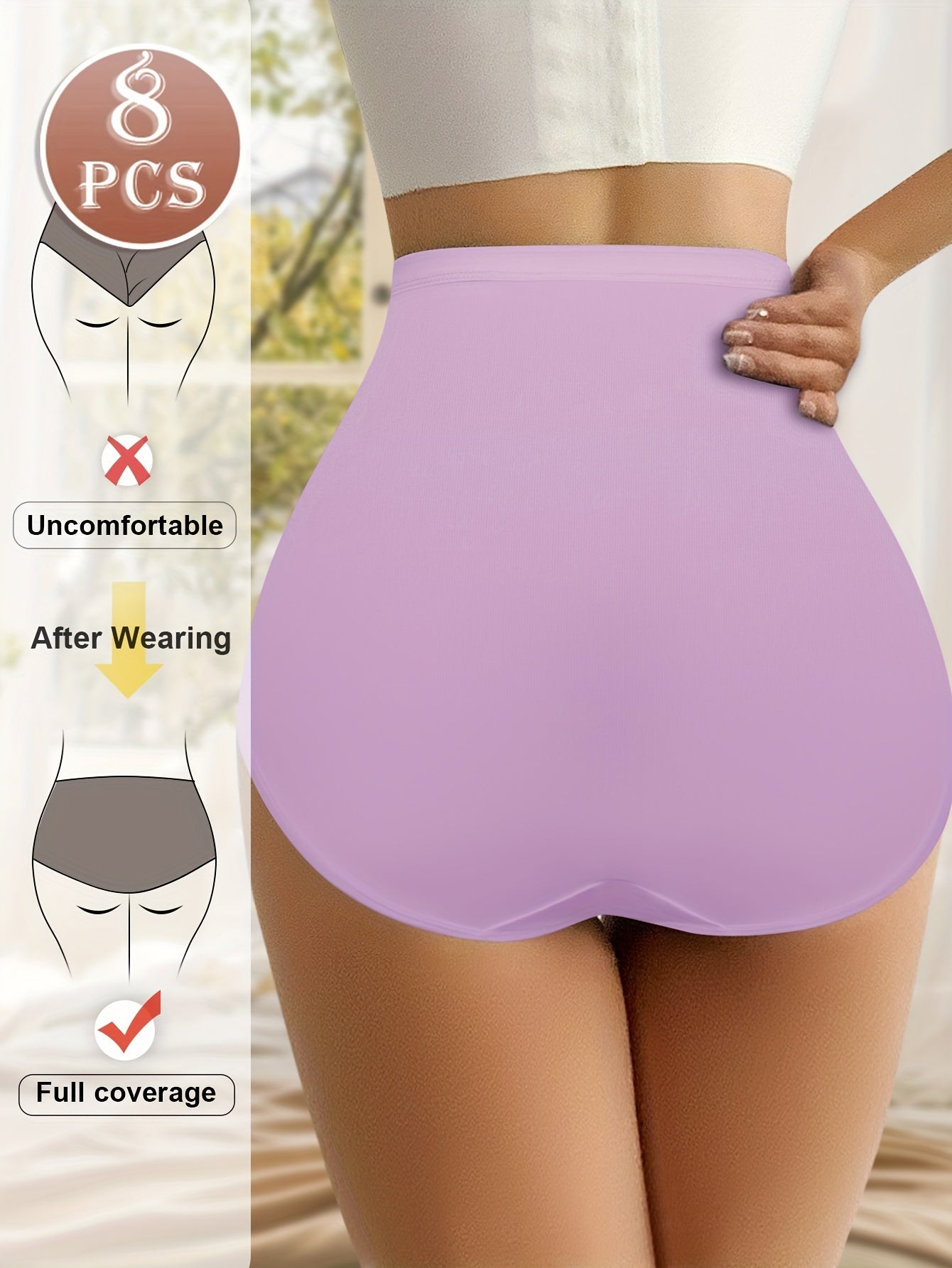 8-Pack High-Waist Women'S Briefs - Breathable Mesh Ice Sliky Fiber Fabric, Seamless Cross-Over Design, Elegant Solid Color Underwear for Casual & Formal Wear, Comfortable Daily Wear, Stylish Underwear, Smooth Texture